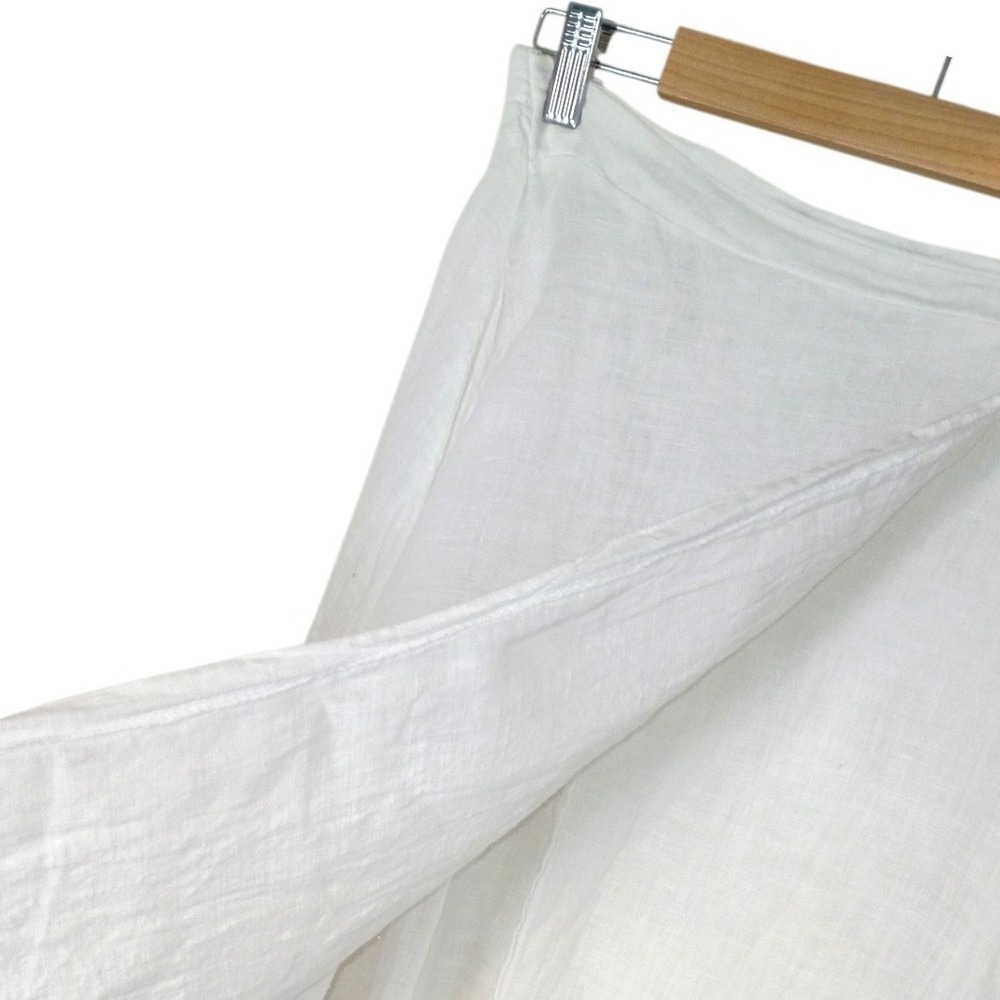White Linen Wrap Midi Skirt Elastic Back Side Tie Coastal Minimalist Pocket - Picture 5 of 11